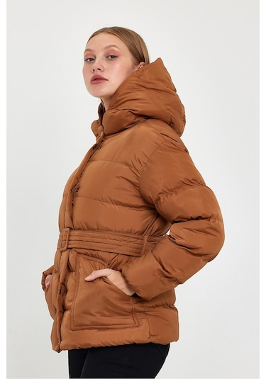 Alisse-kadın Taba Kapüşonlu Kemerli Şişme Mont Kaban Taba