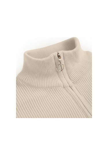 Deepsea Erkek Bej Yarım Fermuarlı Oversize Kesim Triko Kazak %100 Pamuk, Yumuşak Dokulu Örgü Kazak 2608511 Bej