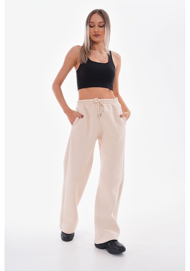 Kallima Bej Kışlık Şardonlu Yüksek Bel Bol Paça Eşofman Altı Bej