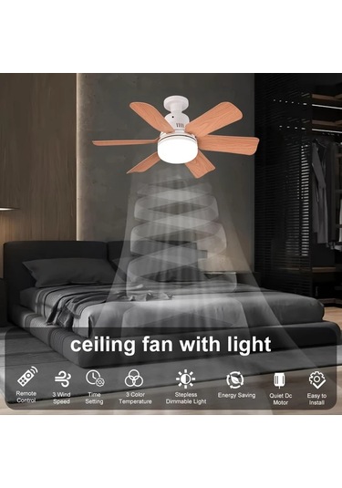 Xuweiwei 1 Adet Ahşap Tahıl Desenli Abs Kanatlı Led Akıllı Tavan Vantilatörü Uzaktan Kumandalı E26 E27 Tabanlı 5 Kanat Soğuk Sıcak Işık Modları