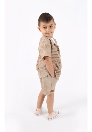 Aden Kids Erkek Çocuk Gömlek+sweatshirt Ve Cepli Şort Alt Üst Takım Bej