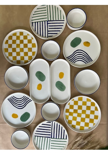Kevin Seramik Modern Hand Made 14 Parça 6 Kişilik Lüxs Kahvaltılık Sunum Tabağı Seti Mavi - Sarı - Yeşil