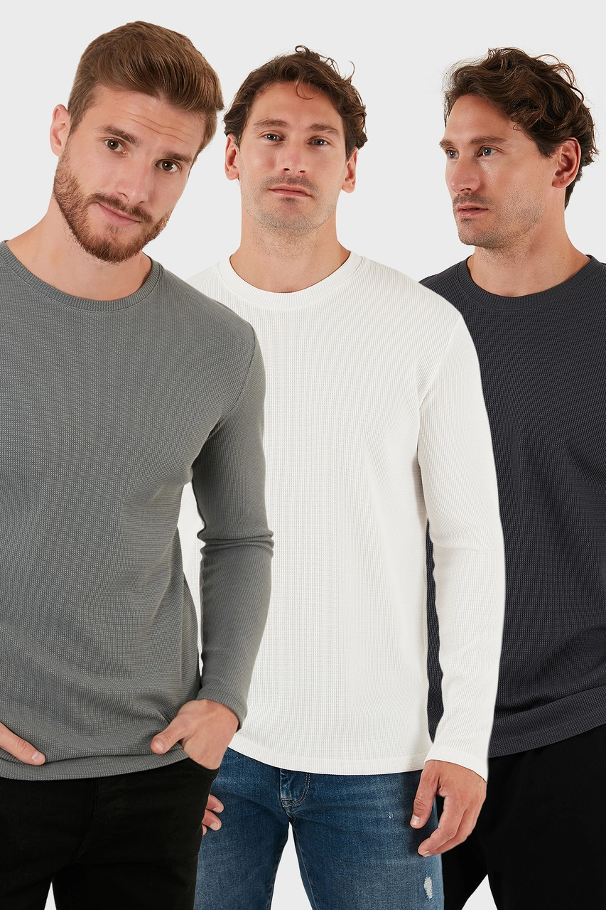 Buratti Pamuklu Bisklet Yaka Slim Fit Basic 3'Lü Paket Erkek Sweat 5905073S3 Antrasit-Açık Haki-Ekru