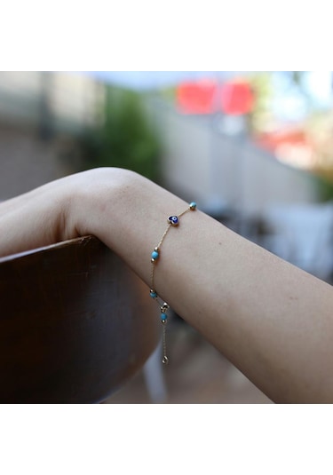 Firuze Taşlı Mineli Kalp Bileklik Sarı Altın