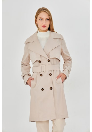 Pastelastore Esnek Pamuk Gabardin Midi 95cm Astarsız Kadın Trençkot 1118 Taş Rengi Taş