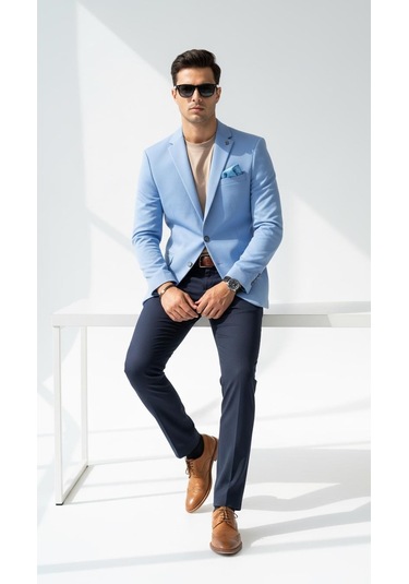Açık Mavi Erkek İtalyan Kesim Tek Düğmeli Blazer Ceket Günlük Ve Şık Kombinler İçin Açık Mavi