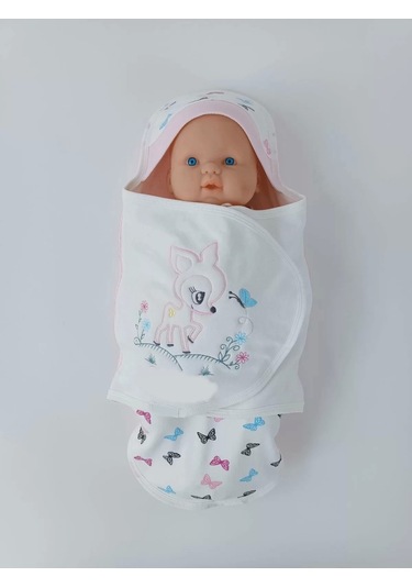 Yenidoğan İlk Baharın Ceylanı Nakışlı Çıt Çıt Kapama Bebek Kundak Ekru ekru