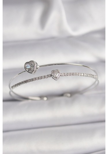Gümüş Renk Zirkon Taşlı Kalp Model Kadın Bileklik - Ebj241214w29825 Renkli