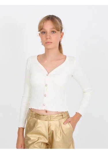 Kız Çocuk Kaşkorse Taşlı Düğmeli Hırka-14807 Ekru