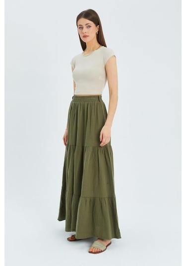 4567 Kadın Fırfırlı Uzun Müslin Etek Haki Haki