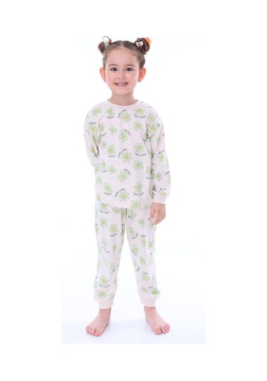 Kız Çocuk Yeşil Çiçek Desenli Uzun Kollu Pijama Takımı-905 Yesil