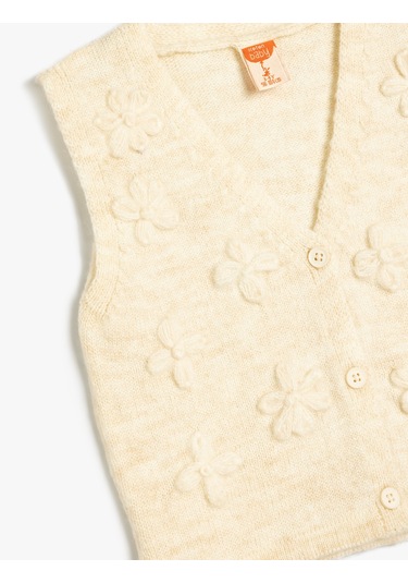 Koton Basic Yelek Kolsuz Çiçek Aplikeli V Yaka Ekru 5wmg90018at Ekru