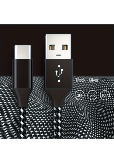 Willowhaven Siyah Beyaz 10 Feet Usb Type-c Hızlı Şarj Kablosu 3a Samsung Galaxy Uyumlu Lg İçin Nylon Örgülü