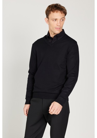 AC&Co / Altınyıldız Classics  Erkek Sıyah Standart Fit Normal Kesim V Yaka Triko Kazak Siyah