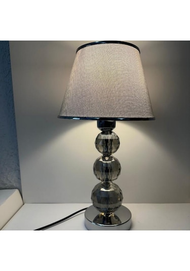 Mooncher Cam Gövdeli Krom Metal Abajur Gümüş Şeritli Gri Kumaş Başlık Gece Lambası Krom