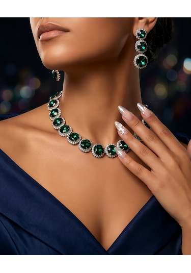 Riviere Kristal Taşlı Çiçek Model Yeşil Renkli Kolye Küpe Set