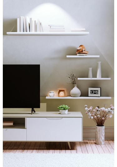 Yankı-BYEG 4lü 100 cm 80 cm 30 cm Mat Beyaz Mdf Duvar Rafı Tv Ünitesi