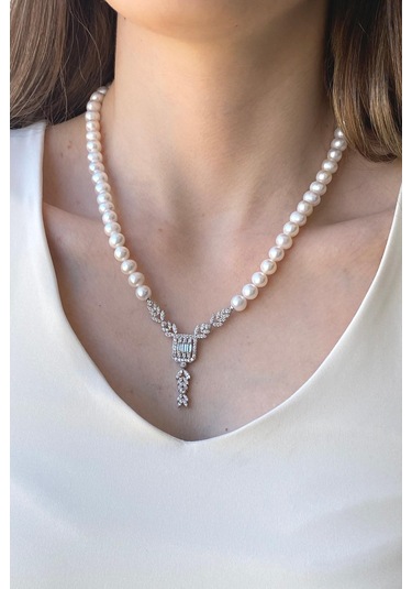 7,5 Mm Kadın Baget Kesim Doğal İnci Küpe Kolye Bileklik Yüzük Dörtlü Set 19 Gümüş