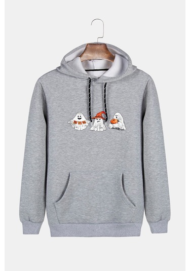 Unisex Gri Kapüşonlu Cadılar Bayramı Boo Baskılı Slim Fit Kanguru Cepli Sweatshirt Gri