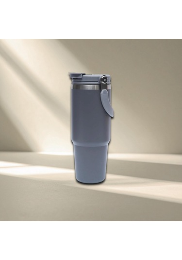 Pipetli Termos Bardak 900 Ml Paslanmaz Çelik -çift Kullanımlı Kapak Gri