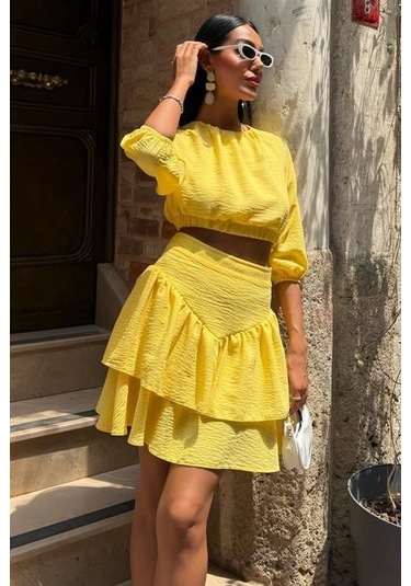 Crop Bluz Ve Kat Kat Etekli Takım 10207 Altın