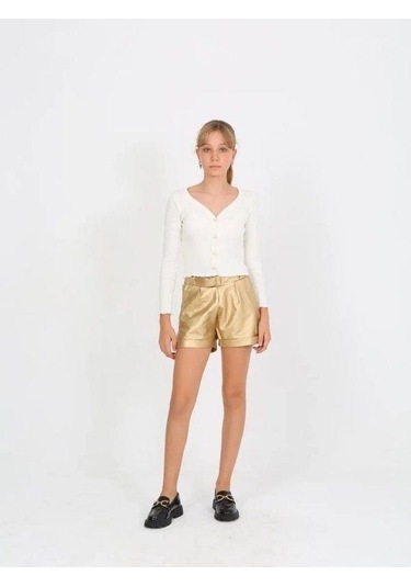 Kız Çocuk Kemerli Duble Paça Gold Deri Şort-14825 Altın