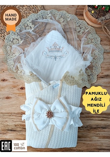 Pembe Triko Örgü Kız Bebek Batttaniyesi Kundağı Kalın Dantelli Yenidoğan Hastane Çıkışı Hediyelik Ekru