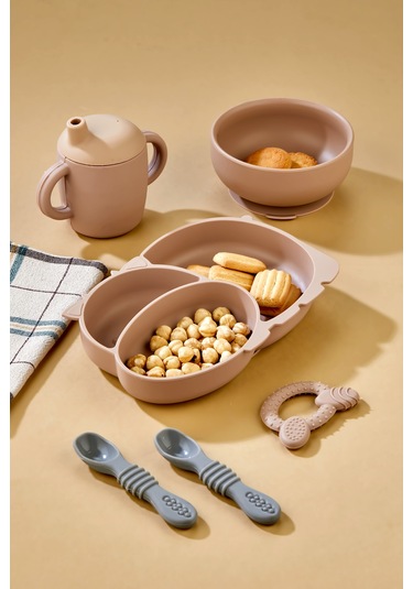 5'li Silikon Set / Bölmeli Mama Tabağı / Kase / Bebek Bardağı / Diş Kaşıyıcı / Mama Kaşığı - Moka Mocca