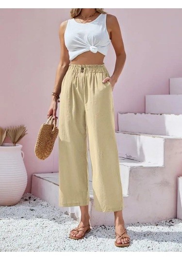 Soonaksesuar Kadın Bel Büzgü Ve Düğme Detay Kapri Keten Pantolon Bej