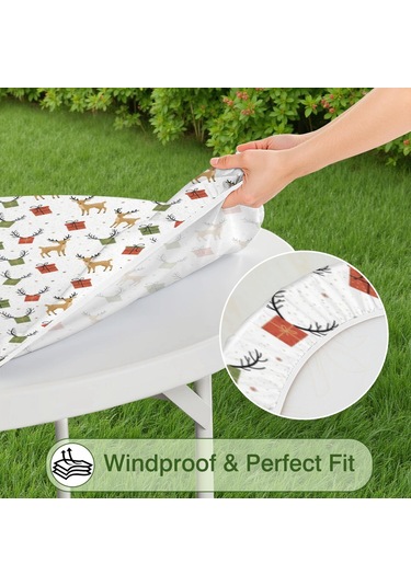 Noel Desenli Yuvarlak Elastic Masa Örtüsü, 45-52 İnç, Suya Dayanıklı, Piknik Ve Kamp İçin Noel Geyik Hediyesi