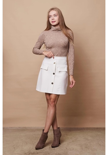 Kadın Diz Üstü Yüksek Bel Önü Düğmeli Cep Kapaklı Hafif Likralı Kumaş Çan Etek-krem Krem