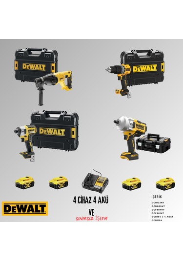 Dewalt DCH133NT + DCD805NT + DCF887NT + DCF961NT 4 Adet 5 Amper Akü + Şarj Aleti Set