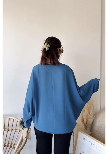 Kadın İndigo Airobin Yarasa Duble Kol Salaş Bluz Ekstra Oversize Yuvarlak Yaka - Tesettüre Uygun Indigo