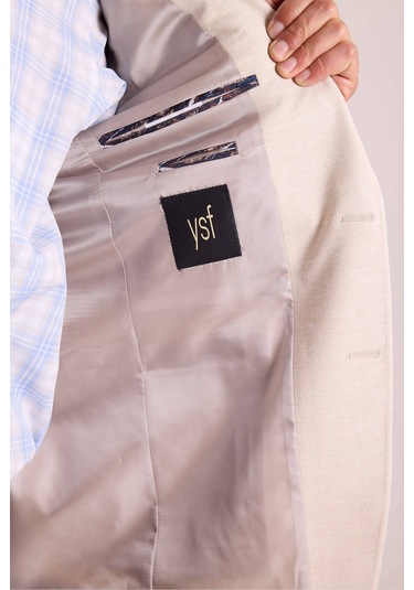 Erkek Bej Regular Fit Mono Yaka Keten Ceket 001