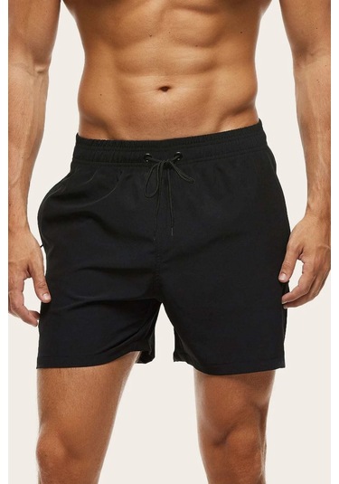 Angelsin Erkek Basic Standart Boy Mayo Fermuarlı Cepli Deniz Şortu - Siyah