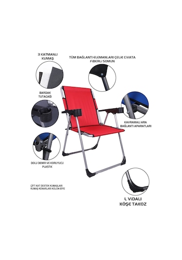 Alin Metal Kamp Sandalyesi 2''li Lüks Bardaklı Kamp Sandalyesi Ve Masa Set Fgt-04 Kirmizi Kırmızı