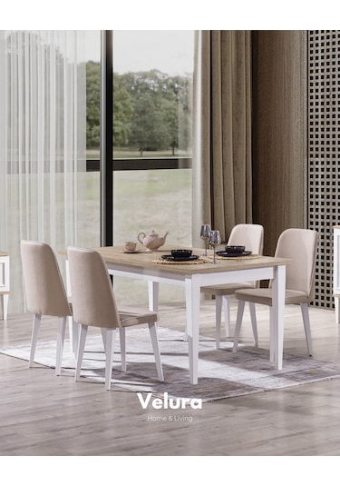 Legna Yemek Odası Takımı Yemek Masası + 4 Adet Sandalye Beyaz - Açık Ceviz