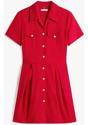 Tommy Hilfiger Kadın Viskon Twill Kısa Kollu Kloş Mini Kırmızı Elbise Ww0ww45819xld Kırmızı