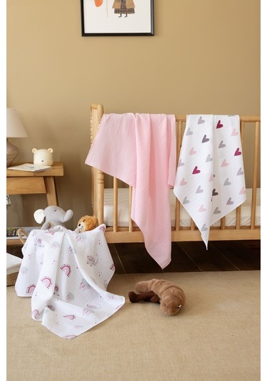 Çok Amaçlı Müslin Örtü & Battaniye 3'lü Set Pamuk Oeko-teks Sertifikalı 80x80 CM Beyaz - Pembe