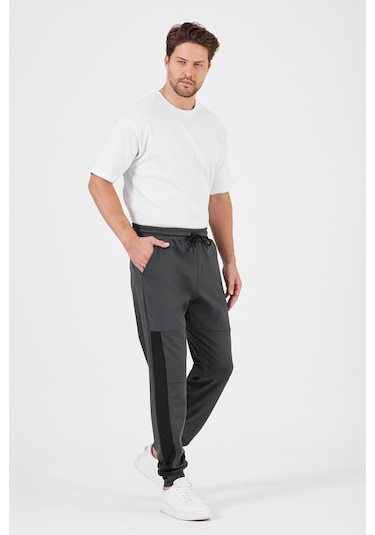Erkek Siyah-Antrasit Standart Fit Normal Kesim Paça Ribanalı Cepli Rahat Jogger 2'li Eşofman Altı Mtlce101-2 Siyah - Antrasit