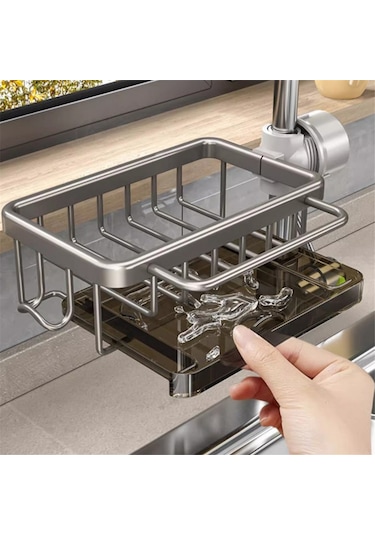 Xurunkeji Süngerlik Musluk Üstü Mutfak Lavabo Düzenleyici, Uzay Alüminyum Çıkarılabilir Askılı Musluk Gider Rafı Kancalı Gümüş Gümüş