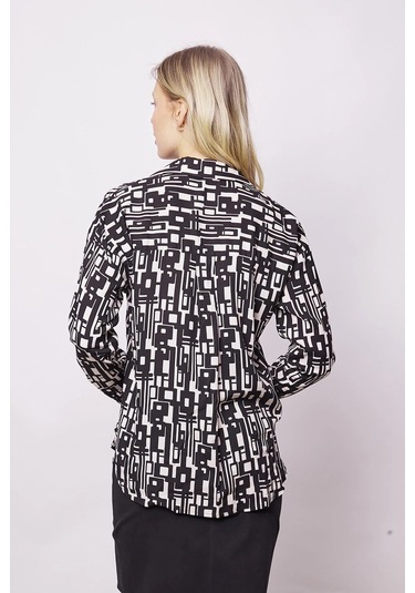 Kadın Likrasız Viskon Vual Desenli Yakalı Düşük Omuzlu Uzun Kol Şık Gömlek-Geometri Geometri