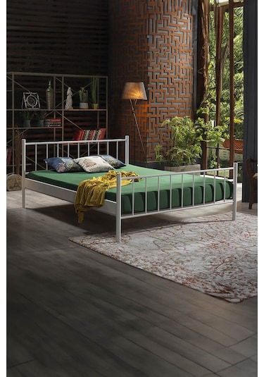 Falez Çift Kişilik Ferforje Metal Karyola-beyaz Ahşap Latalı