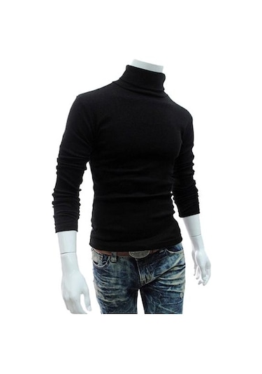 Siyah Sıcak Örme Gömlek Şık Üst Balıkçı Yaka Düz Renk Esnek Örme Gömlek Siyah