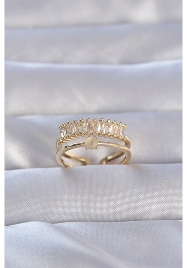 Nova Bazaar Pirinç Gold Renk Zirkon Taşlı Baget Su Yolu Model Ayarlanabilir Yüzük Altın