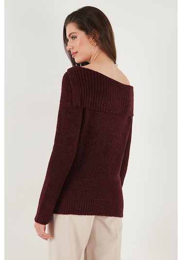 Lela Premium Regular Fit Kayık Yaka Düğme Detaylı Bayan Kazak 680Kz002563 Bordo