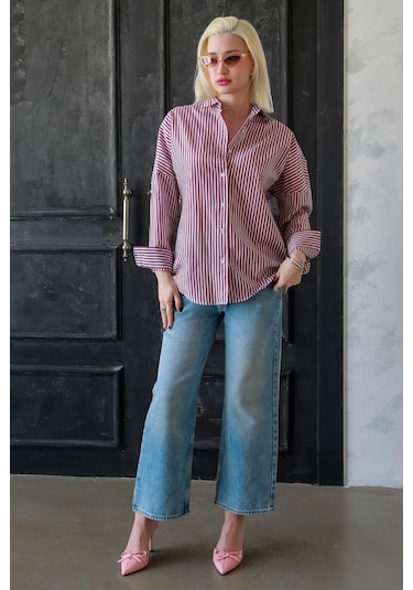 Madmext Bordo Çizgili Over Fit Gömlek Mg1525 Bordo