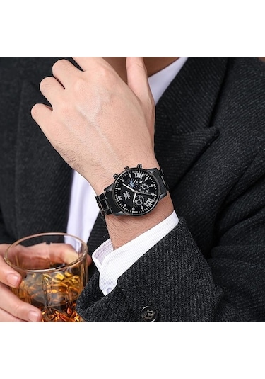 Yingfu Siyah Tarih Göstergeli Paslanmaz Çelik Kuvars Erkek Saati Siyah