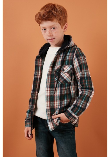 Lela Ekoseli Kapüşonlu Cepli Kışlık Oduncu Erkek Çocuk Gömlek Cf24W81779 Yeşil