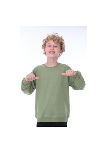 Zuzunga Oversize Unisex Basic Düz Haki Renk %100 Pamuk Sweatshirt 2-11 Yaş Haki